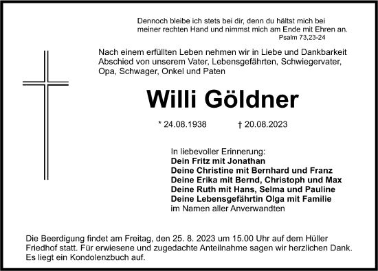 Traueranzeige von Willi Göldner von Nordbayer. Nachrichten Pegnitz/ Nordbayer. Nachrichten Forchheim