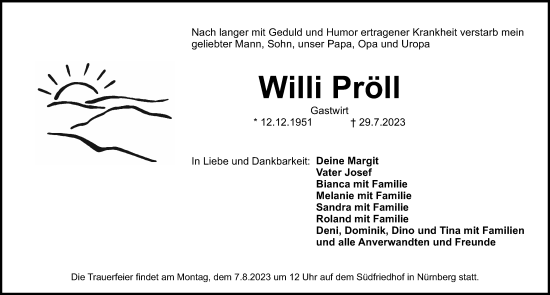 Traueranzeige von Willi Pröll von Gesamtausgabe Nürnberger Nachrichten/ Nürnberger Ztg.
