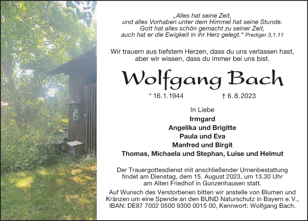  Traueranzeige für Wolfgang Bach vom 12.08.2023 aus Altmühl-Bote Lokal