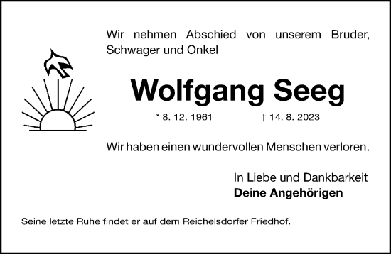 Traueranzeige von Wolfgang Seeg von Gesamtausgabe Nürnberger Nachrichten/ Nürnberger Ztg.