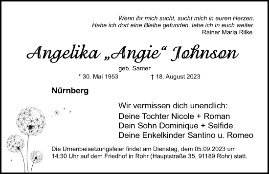 Traueranzeige von Angelika Johnsen von Gesamtausgabe Nürnberger Nachrichten/ Nürnberger Ztg.