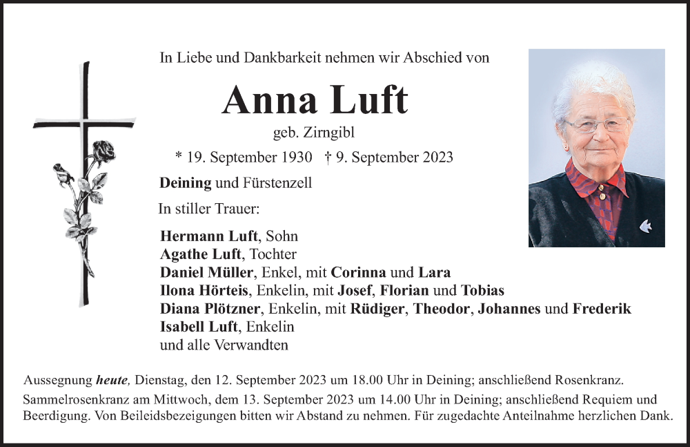  Traueranzeige für Anna Luft vom 12.09.2023 aus Neumarkter Nachrichten Lokal