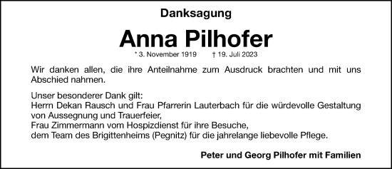 Traueranzeige von Anna Pilhofer von Nordbayerische Nachrichten Pegnitz Lokal