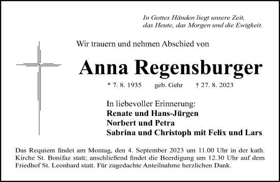 Traueranzeige von Anna Regensburger von Gesamtausgabe Nürnberger Nachrichten/ Nürnberger Ztg.