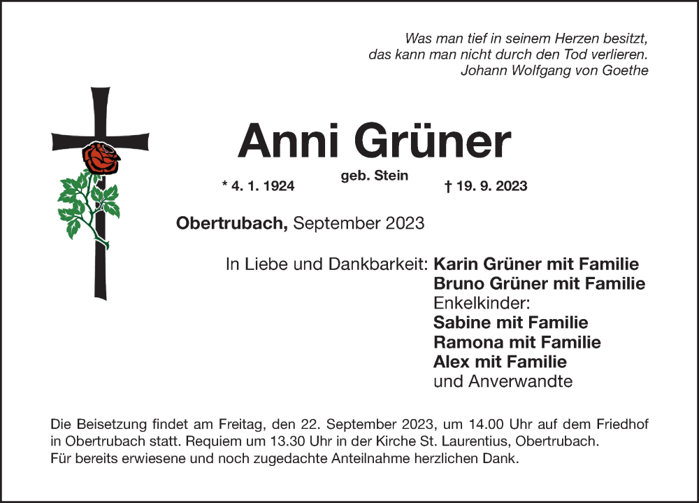  Traueranzeige für Anni Grüner vom 21.09.2023 aus Nordbayer. Nachrichten Pegnitz/ Nordbayer. Nachrichten Forchheim