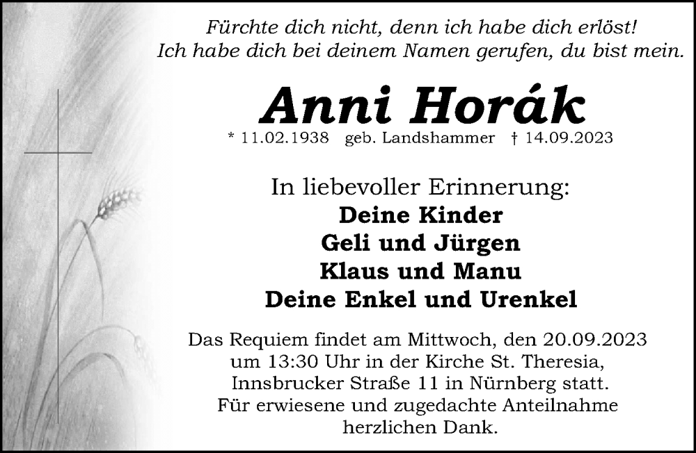  Traueranzeige für Anni Horák vom 16.09.2023 aus Gesamtausgabe Nürnberger Nachrichten/ Nürnberger Ztg.
