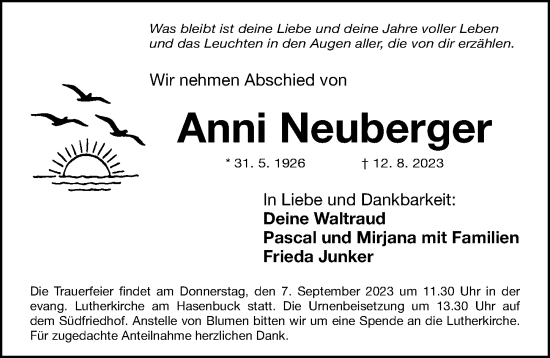 Traueranzeige von Anni Neuberger von Gesamtausgabe Nürnberger Nachrichten/ Nürnberger Ztg.