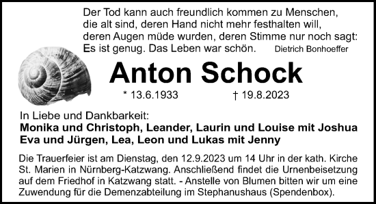 Traueranzeige von Anton Schock von Gesamtausgabe Nürnberger Nachrichten/ Nürnberger Ztg.