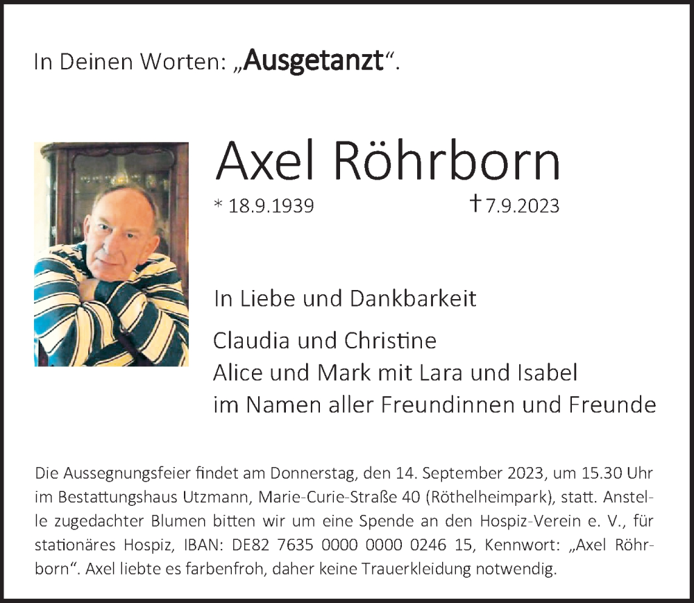  Traueranzeige für Axel Röhrborn vom 09.09.2023 aus Erlanger Nachrichten Lokal
