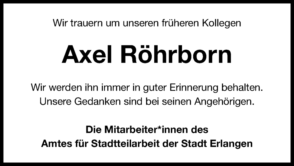  Traueranzeige für Axel Röhrborn vom 16.09.2023 aus Erlanger Nachrichten Lokal