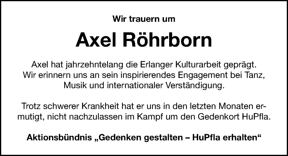  Traueranzeige für Axel Röhrborn vom 14.09.2023 aus Erlanger Nachrichten Lokal
