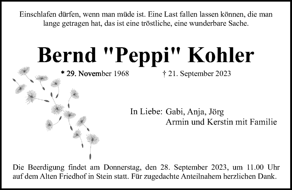  Traueranzeige für Bernd  Kohler vom 23.09.2023 aus Gesamtausgabe Nürnberger Nachrichten/ Nürnberger Ztg.