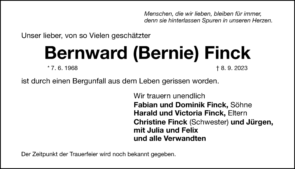  Traueranzeige für Bernward Finck vom 12.09.2023 aus Erlanger Nachrichten Lokal