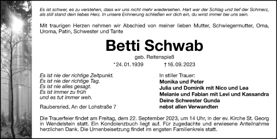 Traueranzeige von Betti Schwab von Schwabacher Tagblatt Lokal
