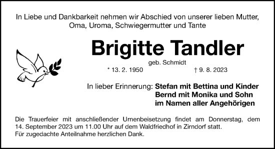 Traueranzeige von Brigitte Tandler von Fürther Nachrichten Lokal