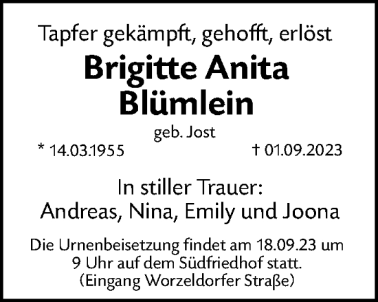 Traueranzeige von Brigitte Anita Blümlein von Gesamtausgabe Nürnberger Nachrichten/ Nürnberger Ztg.