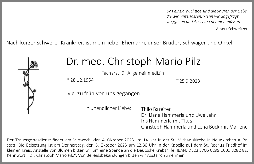  Traueranzeige für Christoph Mario Pilz vom 30.09.2023 aus Gesamtausgabe Nürnberger Nachrichten/ Nürnberger Ztg./ Erlanger Nachrichten/ Nordbayer. Nachrichten Forchheim