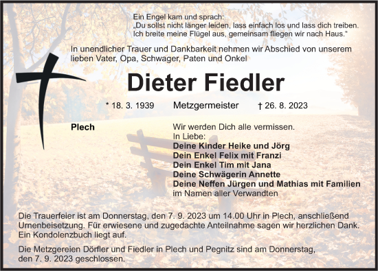 Traueranzeige von Dieter Fiedler von Nordbayerische Nachrichten Pegnitz Lokal