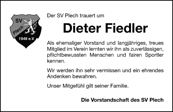 Traueranzeige von Dieter Fiedler von Nordbayerische Nachrichten Pegnitz Lokal