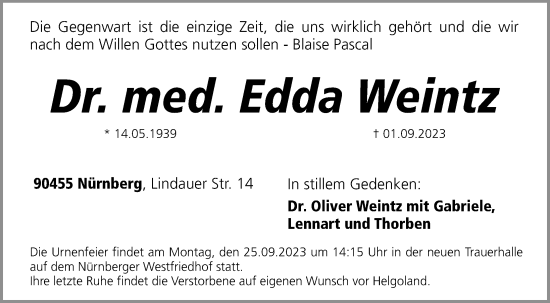 Traueranzeige von Edda Weintz von Gesamtausgabe Nürnberger Nachrichten/ Nürnberger Ztg.
