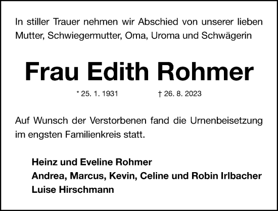 Traueranzeige von Edith Rohmer von Gesamtausgabe Nürnberger Nachrichten/ Nürnberger Ztg.