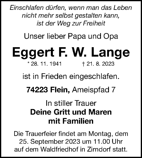 Traueranzeige von Eggert F.W. Lange von Fürther Nachrichten Lokal