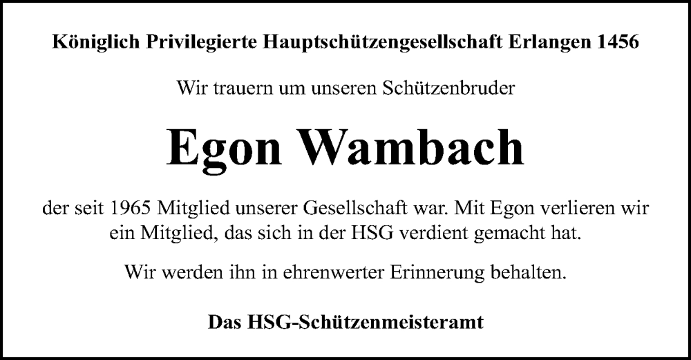  Traueranzeige für Egon Wambach vom 19.09.2023 aus Erlanger Nachrichten Lokal