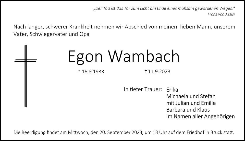  Traueranzeige für Egon Wambach vom 16.09.2023 aus Erlanger Nachrichten Lokal