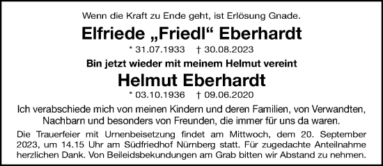 Traueranzeige von Elfriede Eberhardt von Gesamtausgabe Nürnberger Nachrichten/ Nürnberger Ztg.