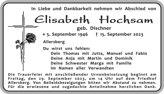 Traueranzeige von Elisabeth Hochsam von Roth-Hilpoltsteiner Volkszeitung Lokal