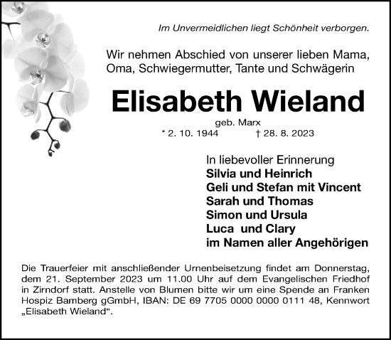 Traueranzeige von Elisabeth Wieland von Fürther Nachrichten Lokal