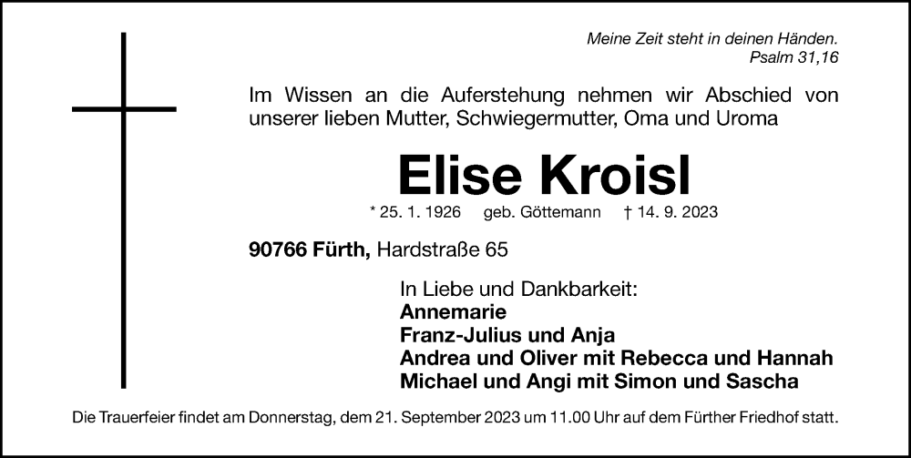  Traueranzeige für Elise Kroisl Kroisl vom 16.09.2023 aus Fürther Nachrichten Lokal