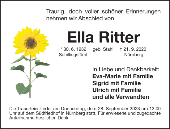 Traueranzeige von Ella Ritter von Gesamtausgabe Nürnberger Nachrichten/ Nürnberger Ztg.