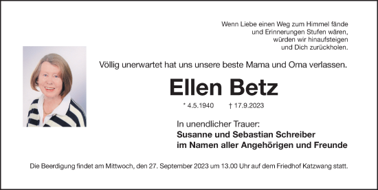 Traueranzeige von Ellen Betz von Gesamtausgabe Nürnberger Nachrichten/ Nürnberger Ztg.