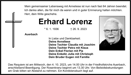 Traueranzeige von Erhard Lorenz von Nordbayer. Nachrichten Pegnitz/ Gesamtausgabe Nürnberger Nachrichten/ Nürnberger Ztg.