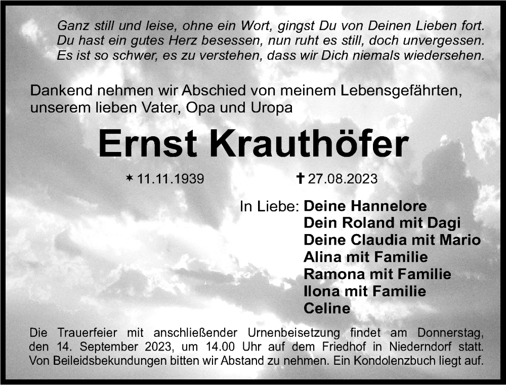  Traueranzeige für Ernst Krauthöfer vom 02.09.2023 aus Nordbayerische Nachrichten Herzogenaurach Lokal