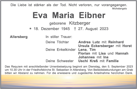 Traueranzeige von Eva Maria Eibner von Roth-Hilpoltsteiner Volkszeitung Lokal