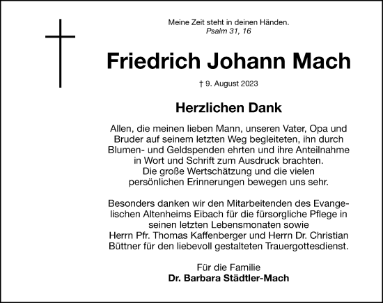 Traueranzeige von Friedrich Johann Mach von Gesamtausgabe Nürnberger Nachrichten/ Nürnberger Ztg./ Schwabach