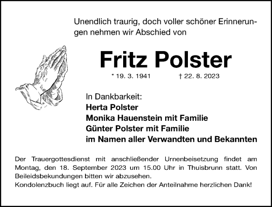 Traueranzeige von Fritz Polster von Nordbayerische Nachrichten Forchheim Lokal
