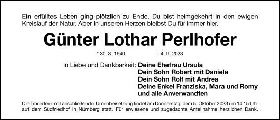 Traueranzeige von Günter Lothar Perlhofer von Gesamtausgabe Nürnberger Nachrichten/ Nürnberger Ztg.