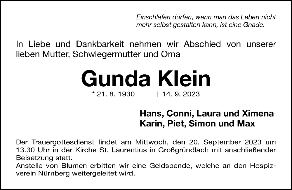  Traueranzeige für Gunda Klein vom 16.09.2023 aus Gesamtausgabe Nürnberger Nachrichten/ Nürnberger Ztg.