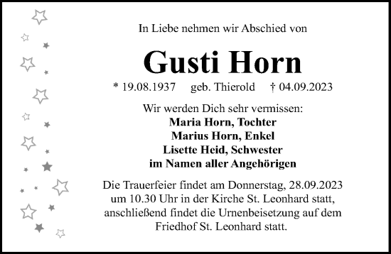 Traueranzeige von Gusti Horn von Gesamtausgabe Nürnberger Nachrichten/ Nürnberger Ztg.