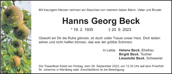 Traueranzeige von Hanns Georg Beck von Gesamtausgabe Nürnberger Nachrichten/ Nürnberger Ztg.