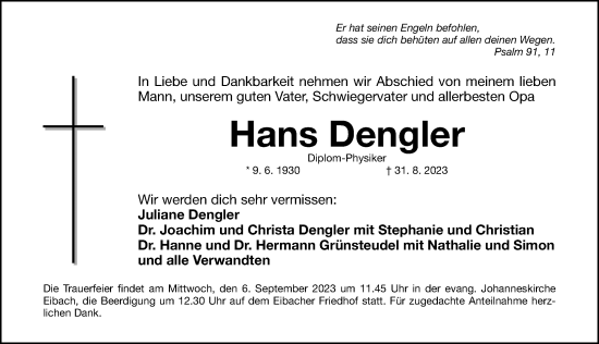 Traueranzeige von Hans Dengler von Gesamtausgabe Nürnberger Nachrichten/ Nürnberger Ztg.