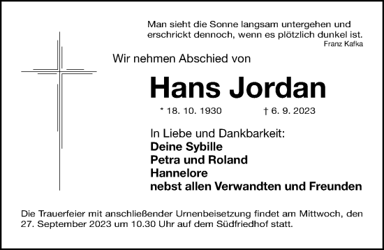 Traueranzeige von Hans Jordan von Gesamtausgabe Nürnberger Nachrichten/ Nürnberger Ztg.