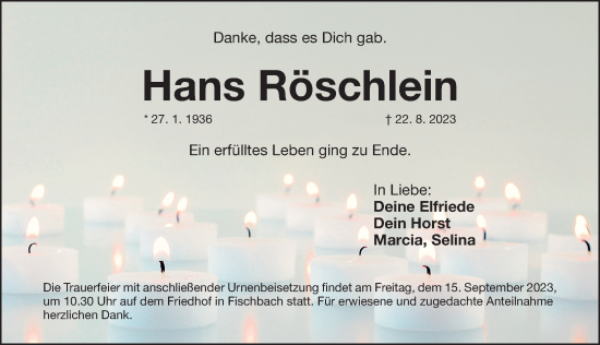 Traueranzeige von Hans Röschlein von Gesamtausgabe Nürnberger Nachrichten/ Nürnberger Ztg.