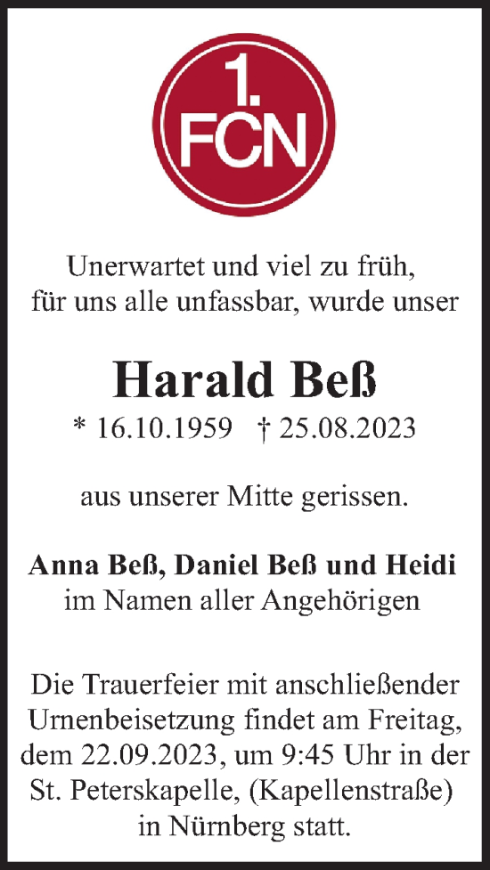 Traueranzeige von Harald Beß von Gesamtausgabe Nürnberger Nachrichten/ Nürnberger Ztg.
