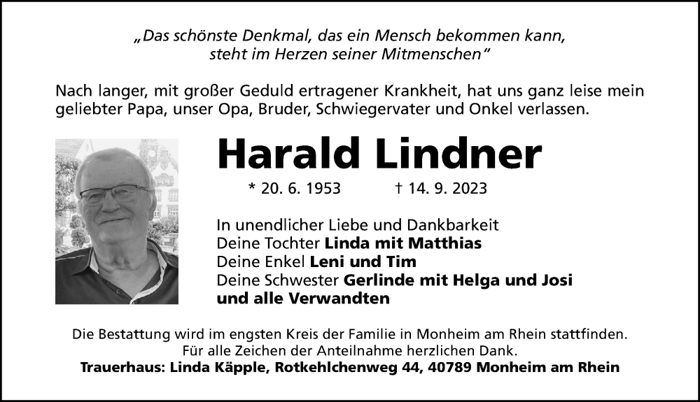  Traueranzeige für Harald Lindner vom 21.09.2023 aus Roth-Hilpoltsteiner Volkszeitung Lokal