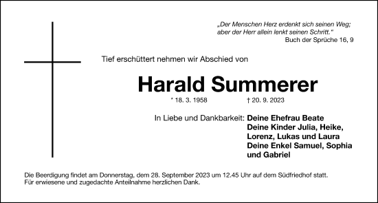 Traueranzeige von Harald Summerer von Gesamtausgabe Nürnberger Nachrichten/ Nürnberger Ztg.