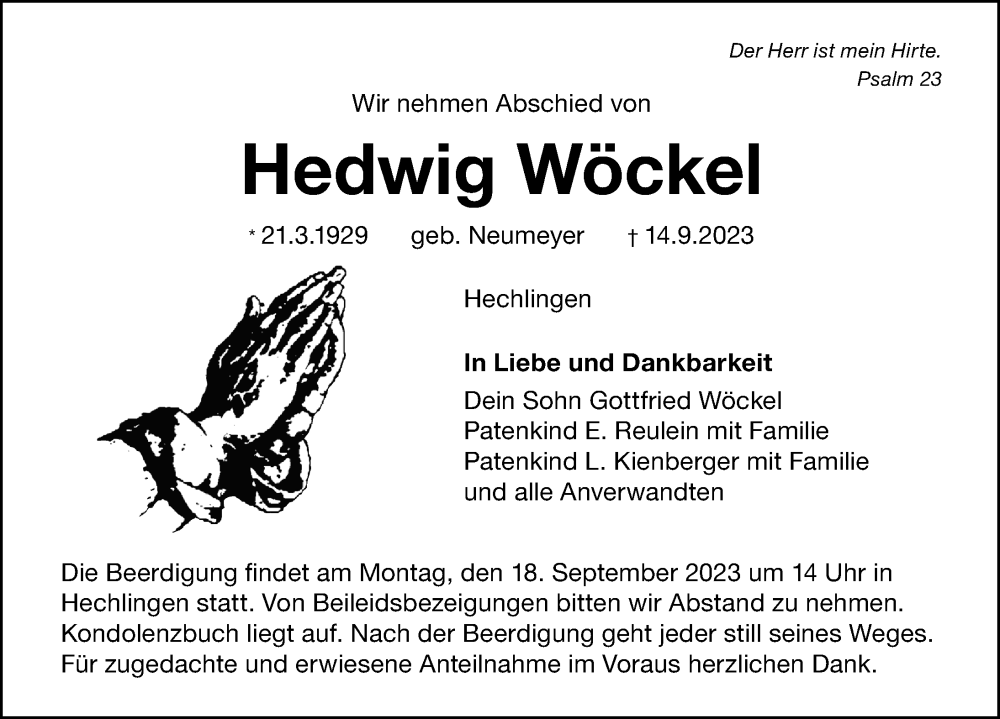  Traueranzeige für Hedwig Wöckel vom 16.09.2023 aus Altmühl-Bote Lokal